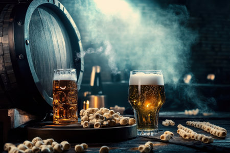Two glasses of different craft beers are placed next to a barrel, surrounded by snacks and a misty atmosphere.の写真素材