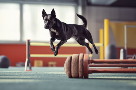 A black dog skillfully leaps over a wooden obstacle in an indoor training area designed for agility exercises.の写真素材