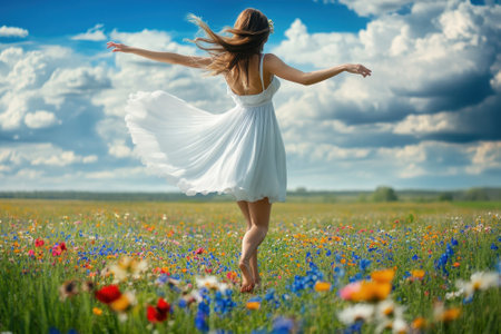 A woman twirls gracefully in a vibrant field of wildflowers on a sunny day, enjoying nature's beauty.の写真素材