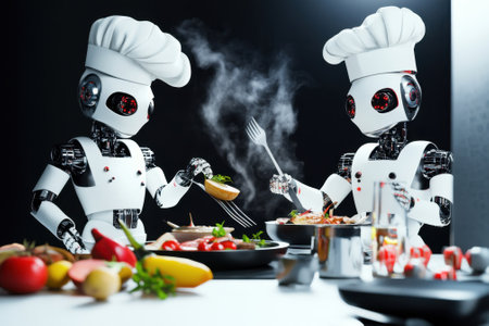 Two robots in chef attire skillfully prepare a gourmet meal using fresh fruits and vegetables in a modern kitchen.の写真素材