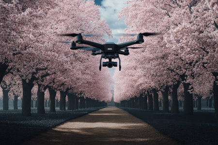 A drone hovers over a beautiful park lined with cherry blossom trees in full bloom on a sunny spring day.の写真素材