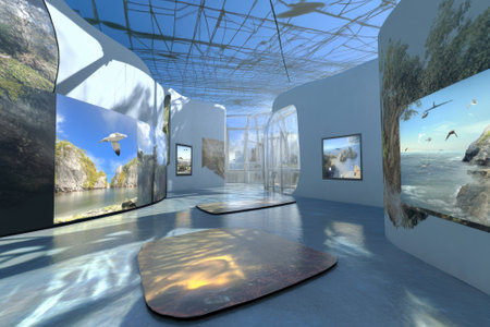 Visitors explore a contemporary gallery with nature-inspired art and design under a clear sky.の写真素材