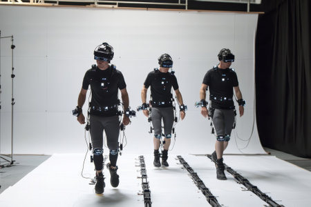 Three performers wear motion capture suits while walking on a track in a studio designed for animation creation.の写真素材