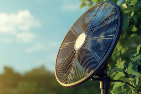 A black outdoor fan stands in a lush garden, offering a refreshing breeze on a warm sunny afternoon.の写真素材