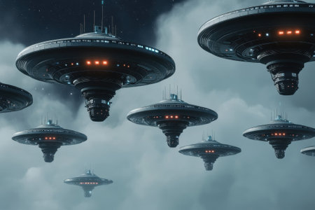 Several futuristic flying saucers are suspended in a cloudy sky, creating an intriguing and suspenseful atmosphere.の写真素材