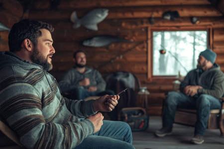 Three friends share stories and laughter inside a cozy cabin, surrounded by a snowy forest atmosphere.の写真素材