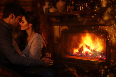 A couple sharing an intimate moment by a crackling fireplace, surrounded by a warm and cozy atmosphere.の写真素材