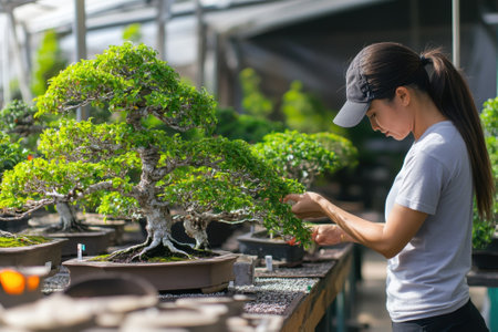 A woman tends to bonsai trees at a nursery, carefully shaping the foliage under bright sunlight.の写真素材