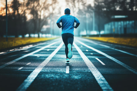 A person runs on an empty road during early morning, surrounded by trees and soft light.の写真素材