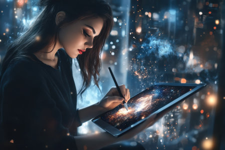 A focused artist illustrates a vibrant cosmic scene on a digital tablet while surrounded by a futuristic urban backdrop.の写真素材