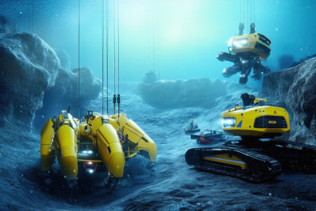 Two yellow robotic vehicles conduct exploration tasks on the ocean floor in a deep sea setting.の写真素材
