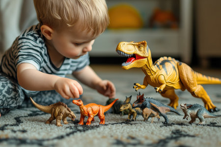 A toddler plays with various dinosaur toys, creating an imaginative dinosaur adventure in a bright room.の写真素材