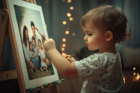 A young child carefully paints a family portrait on an easel, surrounded by soft lighting and a warm atmosphere.の写真素材