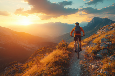 A cyclist rides along a winding trail while enjoying the breathtaking sunset over the mountains.の写真素材