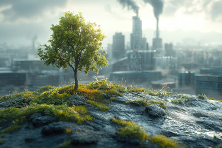 A solitary tree rises from a rocky hillside, contrasting against a backdrop of factories and smoke.の写真素材