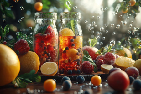 Two glass bottles filled with colorful fruit drinks sit among vibrant fruits in a bright outdoor space.の写真素材