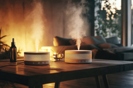 Two stylish diffusers release calming mist in a serene living room illuminated by warm light.の写真素材