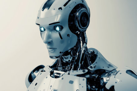 A humanoid robot with a sleek design and glowing eyes stands in a minimalistic environment, reflecting innovation.の写真素材