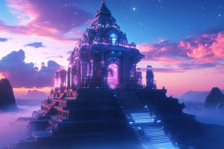 A temple stands magnificently against a twilight backdrop, emitting soft glowing lights among colorful clouds.の写真素材