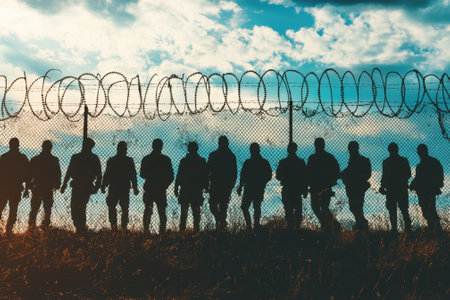 Silhouetted figures stand along a barbed wire fence as clouds drift across the sky at sunset.の写真素材