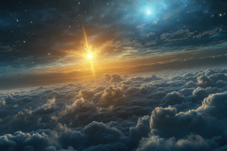 A breathtaking sunrise casts golden light over fluffy clouds, creating a serene celestial view.の写真素材