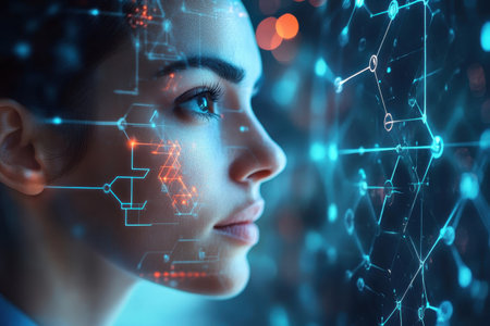 A woman contemplates digital connections and data visuals in a vibrant, high-tech urban setting.の写真素材