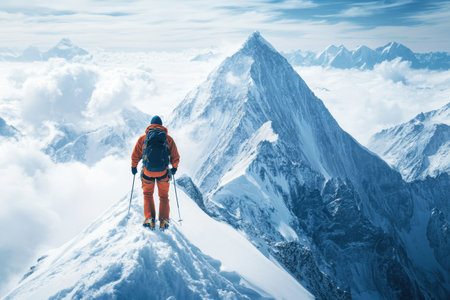 A climber in bright orange gear gazes over breathtaking snowy peaks and clouds during winter.の写真素材