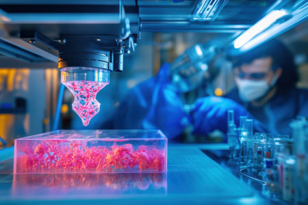A scientist monitors a 3D bioprinter as it deposits colorful bioink onto a gel substrate in the lab.の写真素材