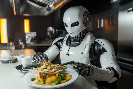 A humanoid robot sits at a kitchen table, savoring a plated meal with various colorful vegetables and meats.の写真素材