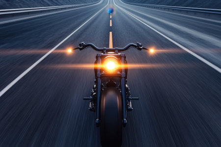 A motorcycle stands on an open highway with two glowing headlights, surrounded by an empty landscape.の写真素材