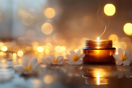 A candle emits a gentle glow amidst flowers and soft bokeh lights, creating a serene and inviting atmosphere.の写真素材