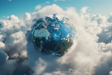 A stunning view of Earth enveloped in fluffy clouds against a bright blue sky, radiating tranquility.の写真素材