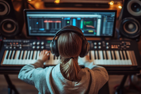 A musician in a hoodie works on a music production project while wearing headphones in a cozy home studio.の写真素材