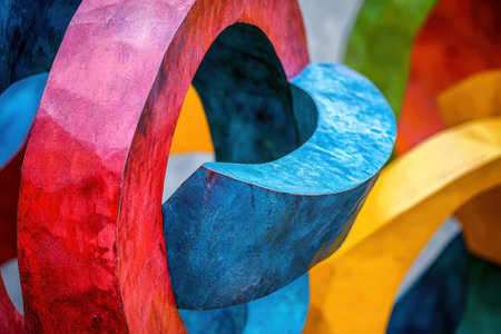 Colorful sculpture made of intertwined shapes creating an engaging art display in a lively urban setting.の写真素材