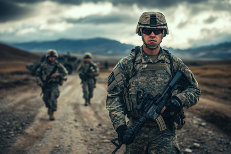 A group of soldiers moves through rough terrain under a cloudy sky, demonstrating military readiness and teamwork.の写真素材