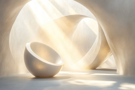 Abstract forms capture sunlight in a serene environment, creating a peaceful and artistic composition.の写真素材