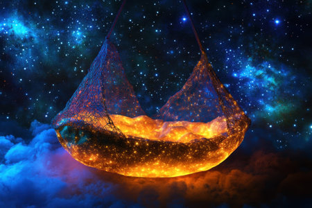 A hammock filled with glowing light hangs in a starry sky, surrounded by vibrant cosmic colors and clouds.の写真素材