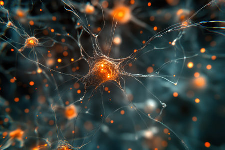 A detailed look at neurons firing in the human brain, showing synaptic connections and activity.の写真素材