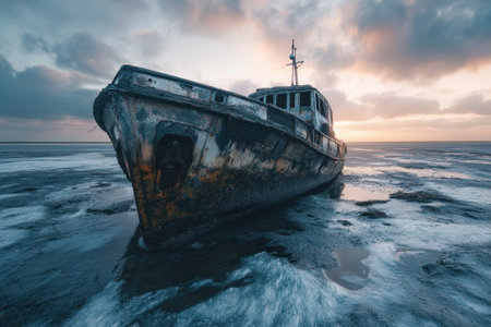 A weathered boat rests on a muddy shoreline at sunset, reflecting vibrant colors in the sky, evoking solitude.の写真素材