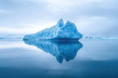 A large iceberg reflects beautifully in peaceful waters, surrounded by soft gray clouds and tranquility.の写真素材