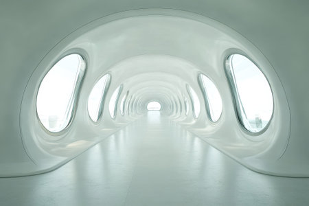 A luminous hallway featuring a smooth white design, large round windows, and ample natural light pouring in.の写真素材