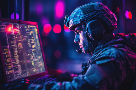A soldier focuses intently on the computer screen, conducting cybersecurity tasks in a dimly lit, colorful setting.の写真素材