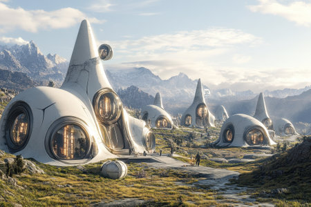 Futuristic buildings with organic shapes are scattered across a vibrant green valley among distant mountains.の写真素材