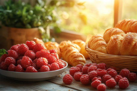 A basket of croissants and a plate of raspberries are beautifully arranged in warm morning sunlight.の写真素材