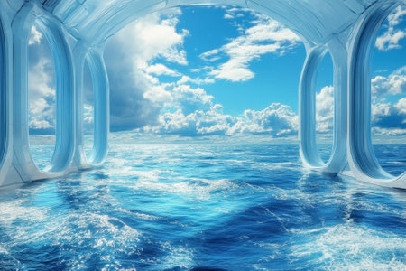 Bright blue waters stretch out under a vibrant sky, framed by modern architectural openings.の写真素材