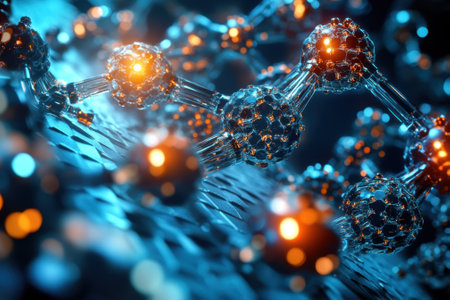 Complex molecular arrangement displays vibrant colors and illuminated points, showing scientific beauty.の写真素材