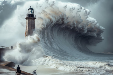 Fishermen stand near the shore as enormous waves surge toward a lighthouse under dramatic skies.の写真素材