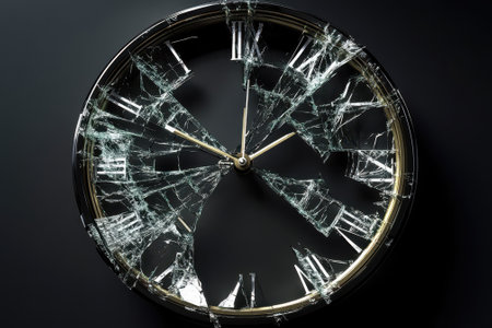 A close-up view of a broken clock featuring a cracked glass face and distorted hour markers.の写真素材