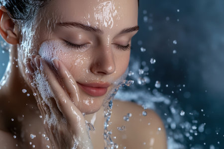 A woman gently cleanses her face with water, demonstrating a refreshing skin care routine and relaxation.の写真素材