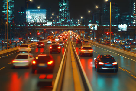 Vehicles move along a bustling highway at night, surrounded by bright city lights and tall buildings.の写真素材